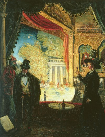 Szene in einem Theater: Eine Aufführung gesehen von einer Loge mit drei stehenden Figuren, 1908 von James Dickson Innes